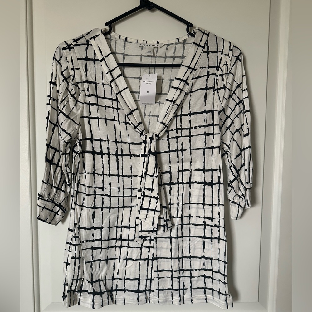 Banana Republic White & Black Top with Tie Neck